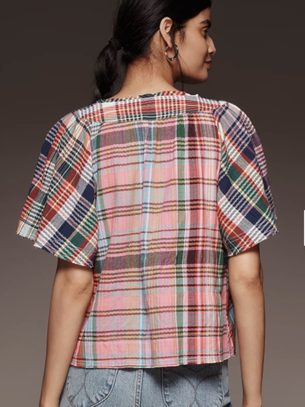 Anthropologie Pilcro Mixed Madras Flutter-Sleeve Blouse - Picture 3 of 13